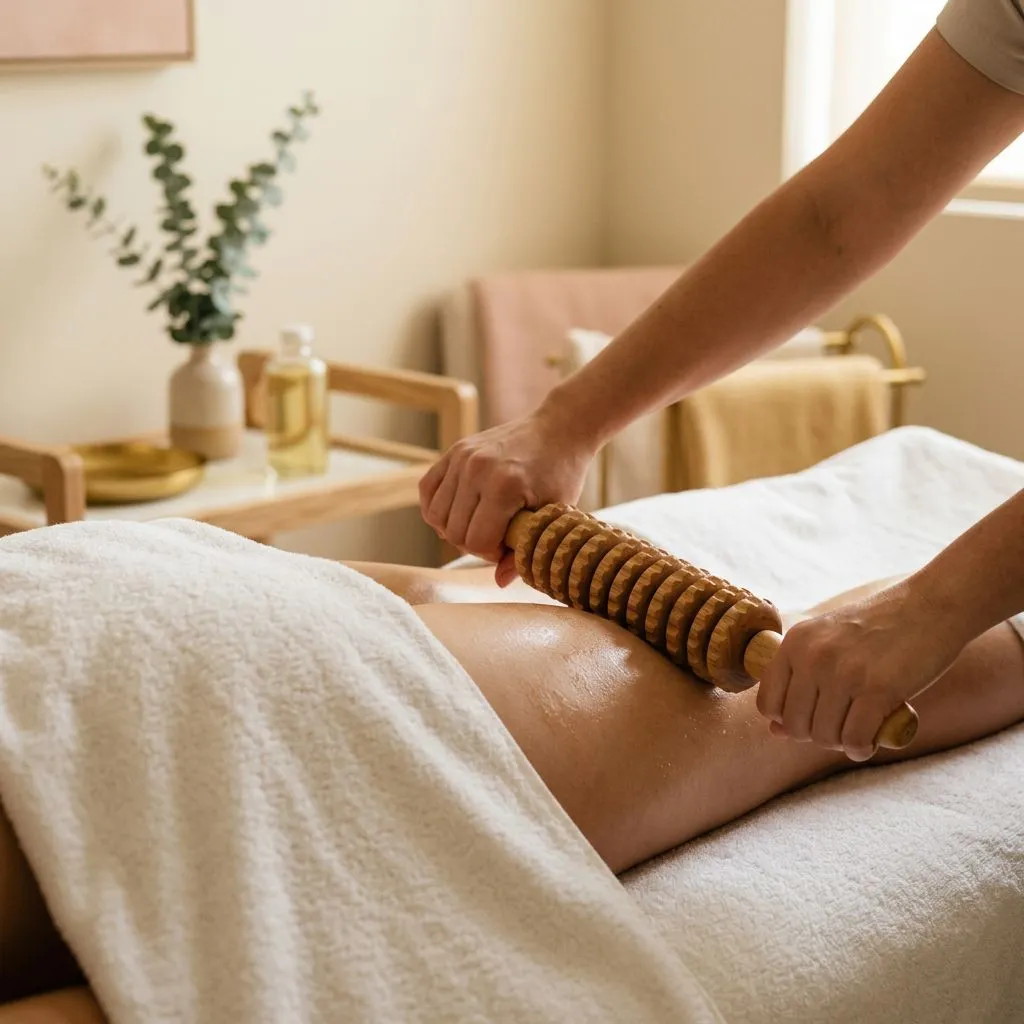Wood therapy (maderoterapia): a wooden roller glides along the leg during lipo orgánica