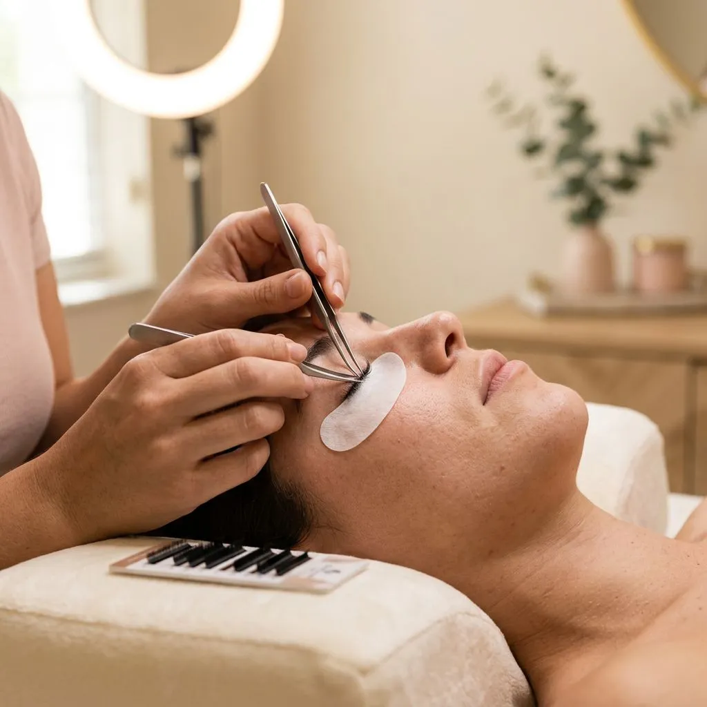 Lash extensions placed one by one, mapped to the client’s eye shape