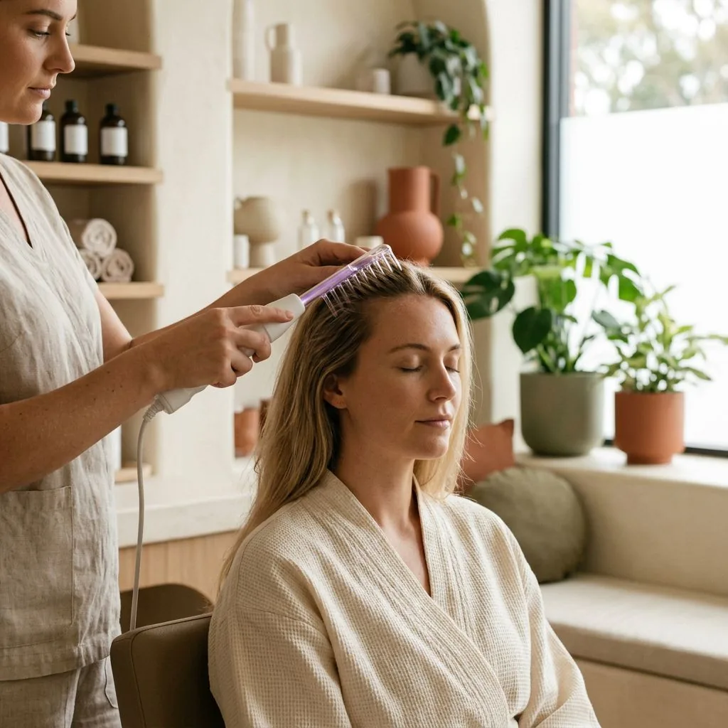 A high-frequency scalp treatment with a glass wand
