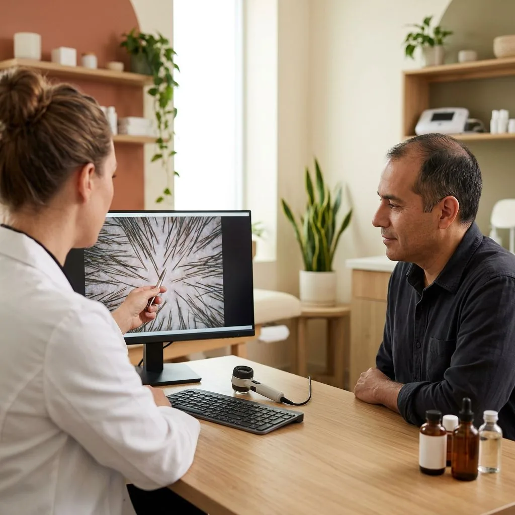 Scalp analysis: a magnified view of the scalp on screen shows what is behind the hair loss