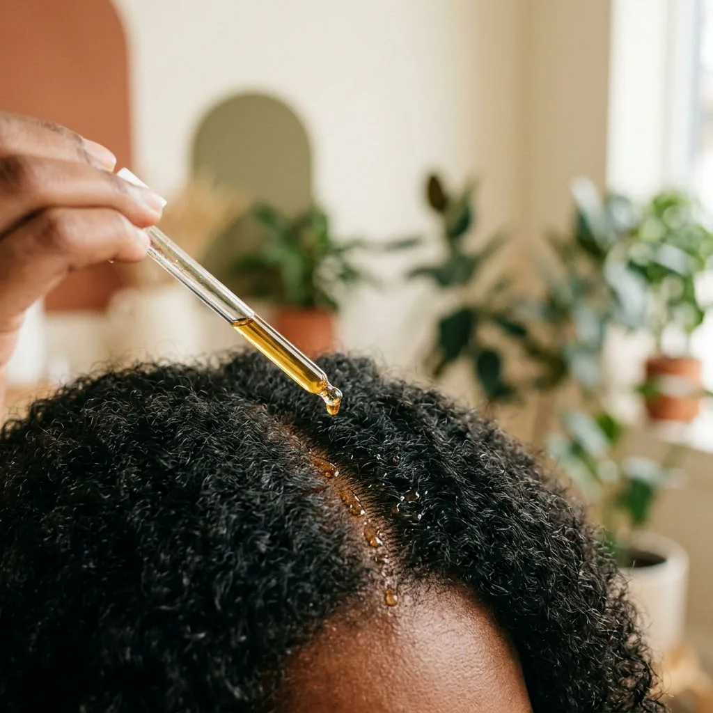 A scalp serum applied along the parting to nourish the scalp